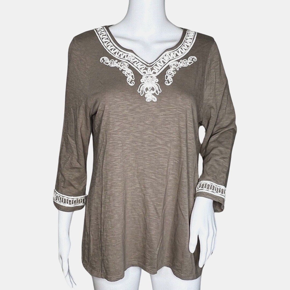 Chicos Shirt Womens Medium Brown White‎ Embroidered Tunic Top Boho Bohemian